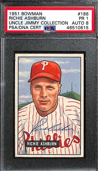 Lot of 2 - 1951 Bowman Richie Ashburn #186 PSA 1 (Autograph Grade 8) & 1950 Bowman Virgil Trucks #96 PSA 2 MC (Autograph Grade 9)