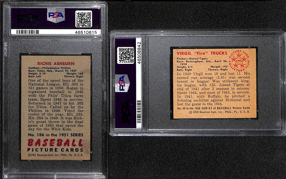 Lot of 2 - 1951 Bowman Richie Ashburn #186 PSA 1 (Autograph Grade 8) & 1950 Bowman Virgil Trucks #96 PSA 2 MC (Autograph Grade 9)