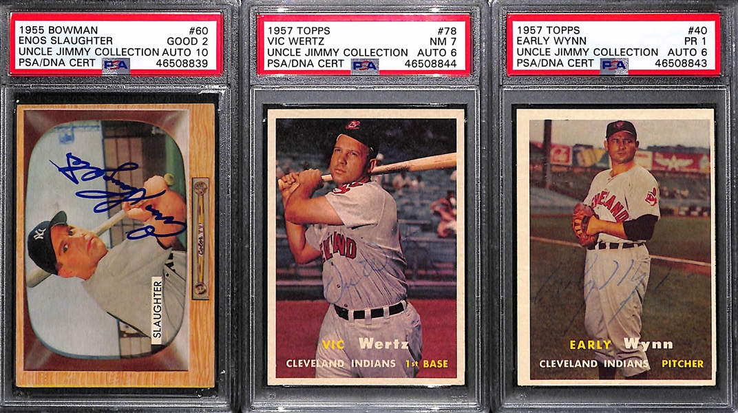 Lot of 3 Signed 1950s PSA Graded Cards - Enos Slaughter, Vic Wertz, Early Wynn