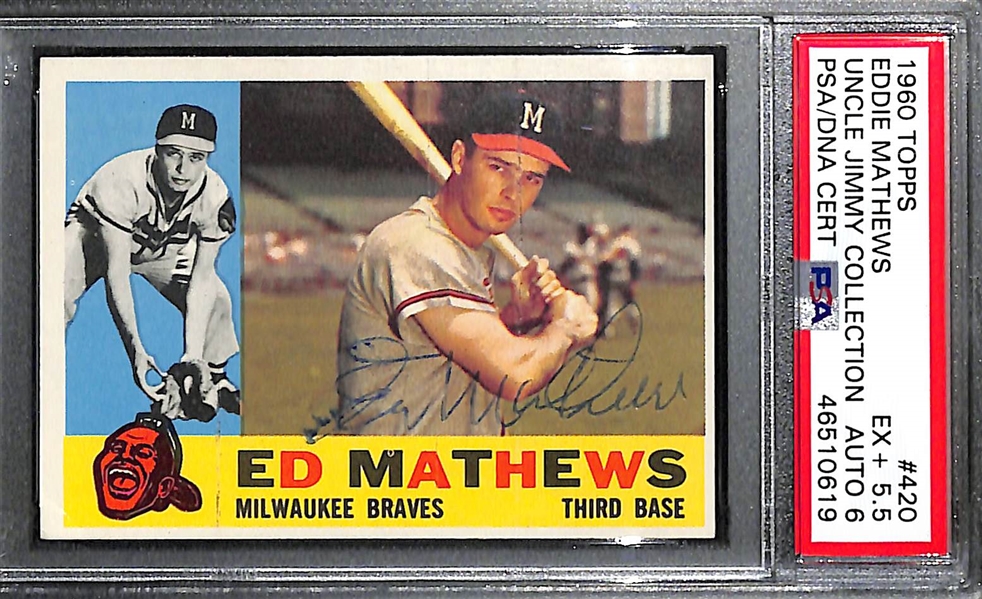 Lot of 2 1960s Signed PSA Graded Eddie Mathews Cards - 1960 Topps #420 & 1961 Nu-Card Scoops #412