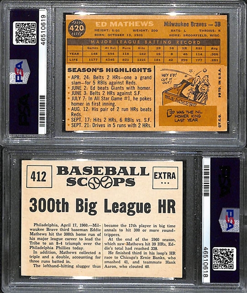 Lot of 2 1960s Signed PSA Graded Eddie Mathews Cards - 1960 Topps #420 & 1961 Nu-Card Scoops #412