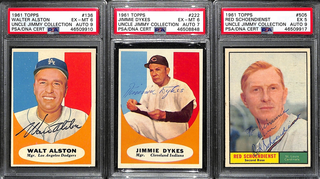 Lot of 3 1961 Topps Signed PSA Graded Cards - Alston, Jimmie Dykes, Red Schoendienst