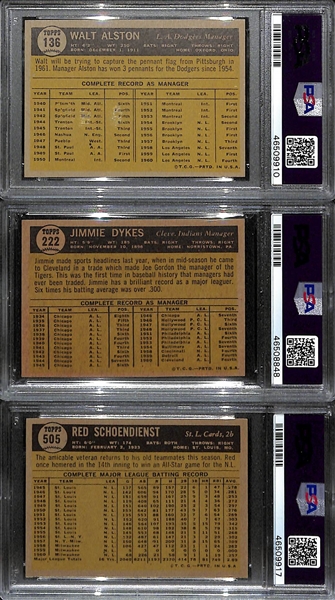Lot of 3 1961 Topps Signed PSA Graded Cards - Alston, Jimmie Dykes, Red Schoendienst