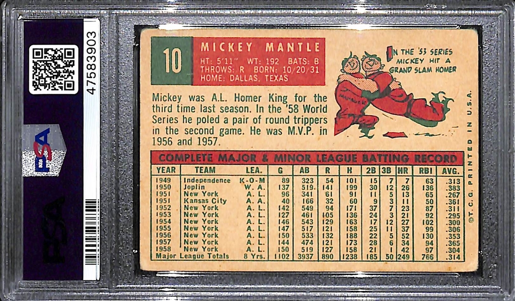 1959 Topps Mickey Mantle #10 Graded PSA 2