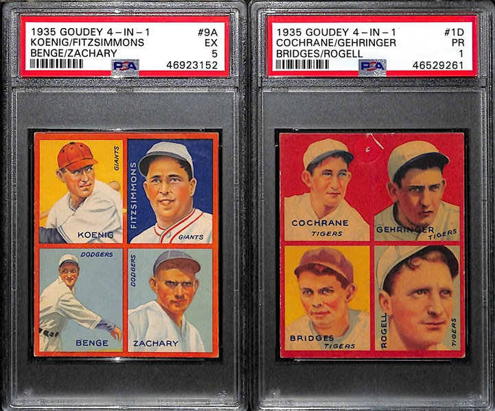 Lot of 2 - 1935 Goudey 4-In-1 Cards -  Koenig/Fitzsimmons/Benge/Zachary #9A PSA 5 & Cochrane/Gehringer/Bridges/Rogell #1D PSA 1
