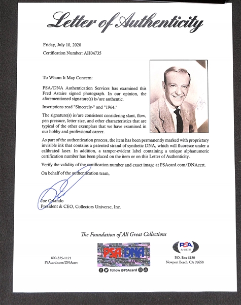 Fred Astaire (d. 1987) Signed Vintage 8x10 Photo - PSA/DNA Letter of Authenticity