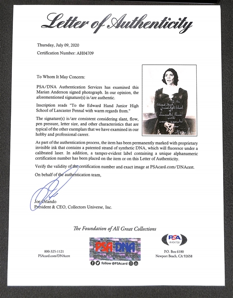 Marian Anderson (d. 1993) - American Singer - Signed 8x10 Photo - PSA/DNA Letter of Authenticity