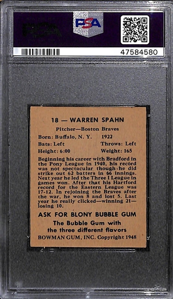 1948 Bowman Warren Spahn Rookie #18 Graded PSA 4