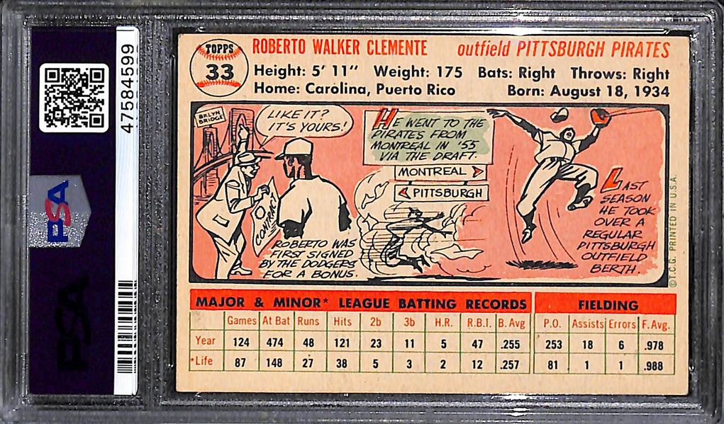 1956 Topps Roberto Clemente #33 White Back Graded PSA 5