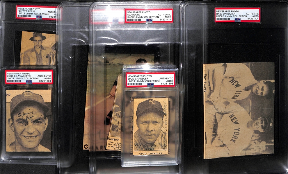 Lot of (6) Signed Newspaper Clippings (Pee Wee Reese, C. Lavagetto, C. Keller, R. Rolfe, Spud Chandler, Babe Dahlgren) - PSA Slabbed Uncle Jimmy Collection