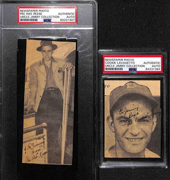Lot of (6) Signed Newspaper Clippings (Pee Wee Reese, C. Lavagetto, C. Keller, R. Rolfe, Spud Chandler, Babe Dahlgren) - PSA Slabbed Uncle Jimmy Collection