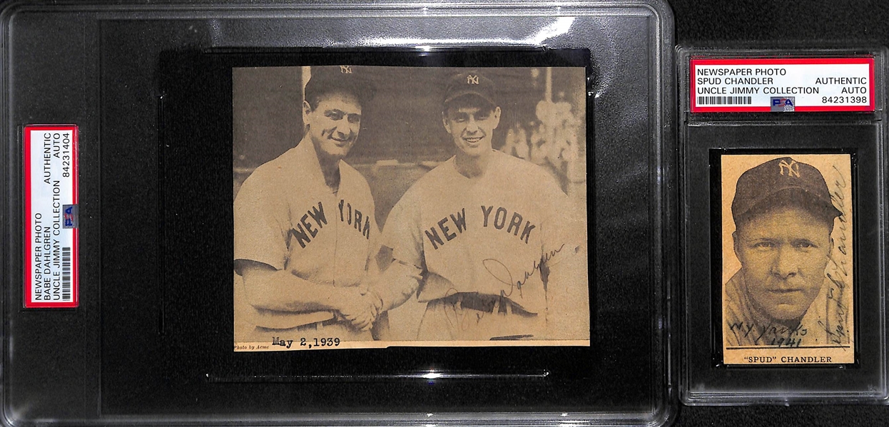 Lot of (6) Signed Newspaper Clippings (Pee Wee Reese, C. Lavagetto, C. Keller, R. Rolfe, Spud Chandler, Babe Dahlgren) - PSA Slabbed Uncle Jimmy Collection