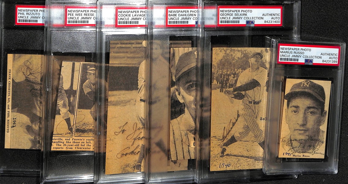Lot of (6) Signed Newspaper Clippings (Rizzuto, Reese, C. Lavagetto, Babe Dahlgren, G. Selkirk, M. Russo) - PSA Slabbed Uncle Jimmy Collection