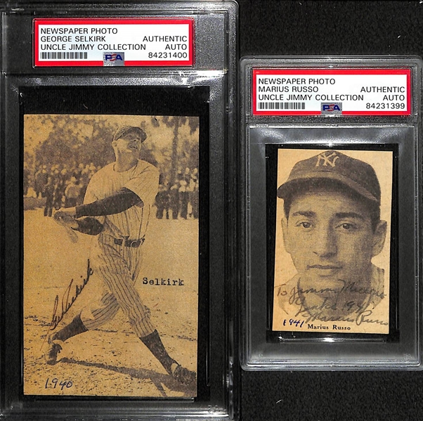 Lot of (6) Signed Newspaper Clippings (Rizzuto, Reese, C. Lavagetto, Babe Dahlgren, G. Selkirk, M. Russo) - PSA Slabbed Uncle Jimmy Collection