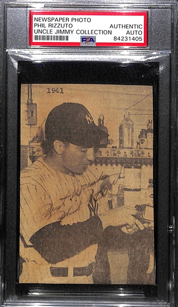 Lot of (7) Signed Newspaper Clippings (Rizzuto, Gomez, Reese, C. Lavagetto, Babe Dahlgren, 2 Red Rolfe) - PSA Slabbed Uncle Jimmy Collection