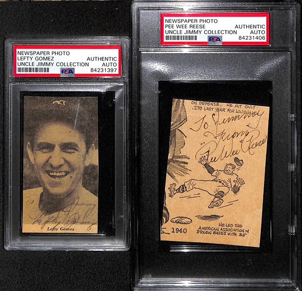 Lot of (7) Signed Newspaper Clippings (Rizzuto, Gomez, Reese, C. Lavagetto, Babe Dahlgren, 2 Red Rolfe) - PSA Slabbed Uncle Jimmy Collection