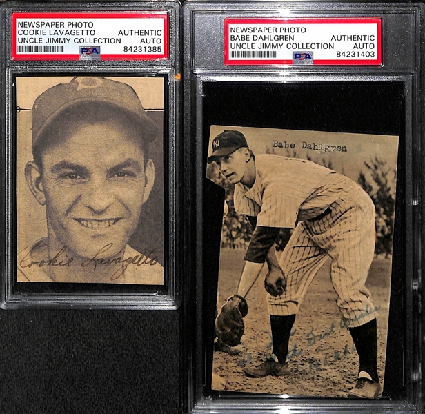 Lot of (7) Signed Newspaper Clippings (Rizzuto, Gomez, Reese, C. Lavagetto, Babe Dahlgren, 2 Red Rolfe) - PSA Slabbed Uncle Jimmy Collection