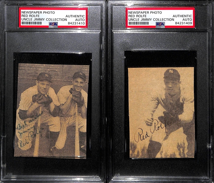 Lot of (7) Signed Newspaper Clippings (Rizzuto, Gomez, Reese, C. Lavagetto, Babe Dahlgren, 2 Red Rolfe) - PSA Slabbed Uncle Jimmy Collection