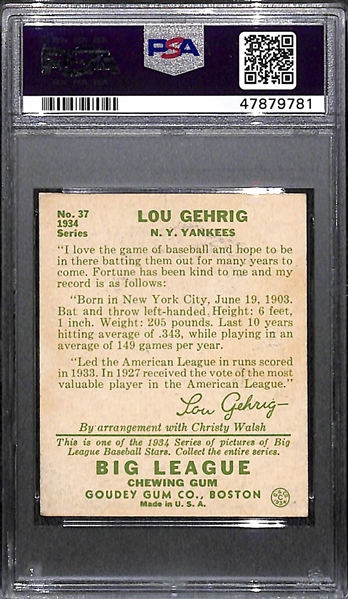 1934 Goudey Lou Gehrig #37 Graded PSA 3 VG