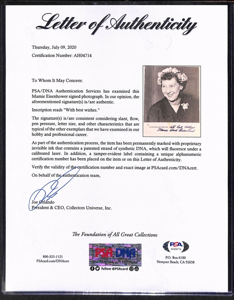 First Lady Mamie Eisenhower Signed 8x10 Photo - PSA/DNA Letter of Authenticity