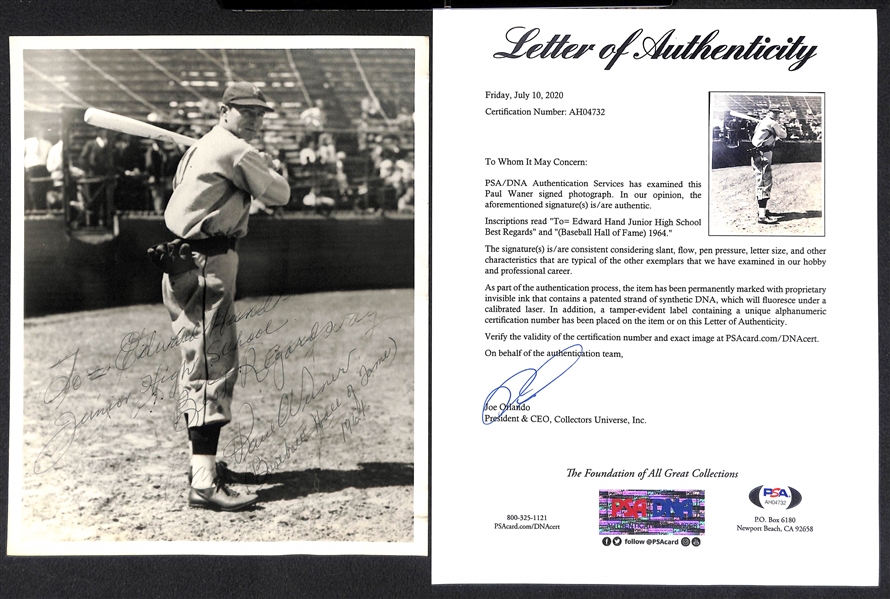 Paul Waner (HOF - d. 1965) Signed 8x10 Photo - PSA/DNA Letter of Authenticity