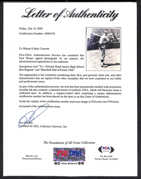 Paul Waner (HOF - d. 1965) Signed 8x10 Photo - PSA/DNA Letter of Authenticity
