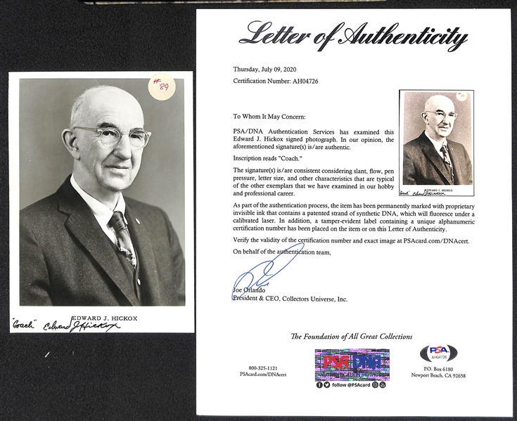 Edward E. Hickox (d. 1966 - RARE Basketball HOFer) Signed 5x7 Photo - PSA/DNA Letter of Authenticity (There is a #89 Sticker Affixed to Front of Photo)