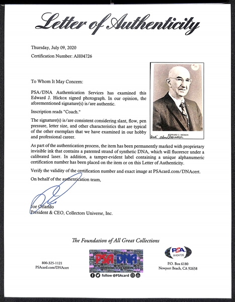 Edward E. Hickox (d. 1966 - RARE Basketball HOFer) Signed 5x7 Photo - PSA/DNA Letter of Authenticity (There is a #89 Sticker Affixed to Front of Photo)