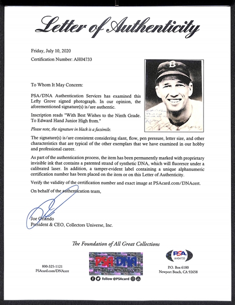 Lefty Grove (d. 1975) Signed 8x10 Photo - PSA/DNA Letter of Authenticity - Elected to HOF in 1947