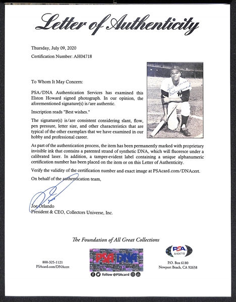 Elston Howard (d. 1980) Signed 8x10 Photo - PSA/DNA Letter of Authenticity - Best Wishes Inscription