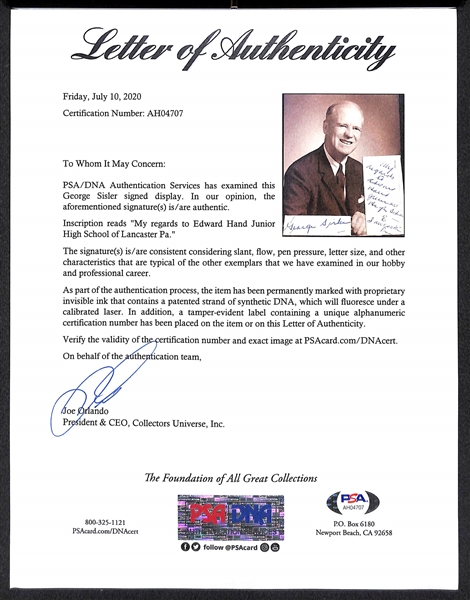 George Sisler Cut Signature - PSA/DNA