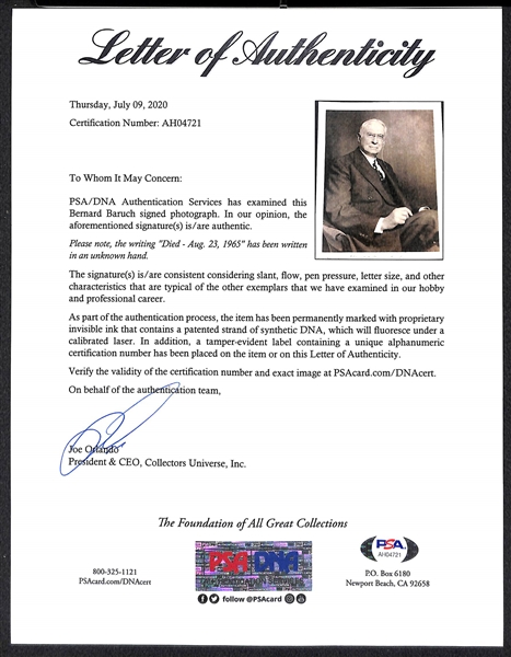 Bernard Baruch (d. 1965) - Presidential Adviser- Signed 8x10 Photo - PSA/DNA Letter of Authenticity