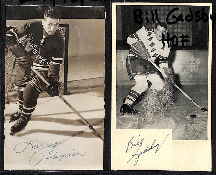 Lot of (9) Sports and Entertainment Autographs Inc. 3 Hockey HOFer (Bill Gadsby, M. Goulet, Bob Clarke) and Ron Murphy, L. Popein, Birdie Tebbetts, Ned Garver) - Includes JSA Auction LOA