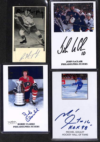 Lot of (9) Sports and Entertainment Autographs Inc. 3 Hockey HOFer (Bill Gadsby, M. Goulet, Bob Clarke) and Ron Murphy, L. Popein, Birdie Tebbetts, Ned Garver) - Includes JSA Auction LOA