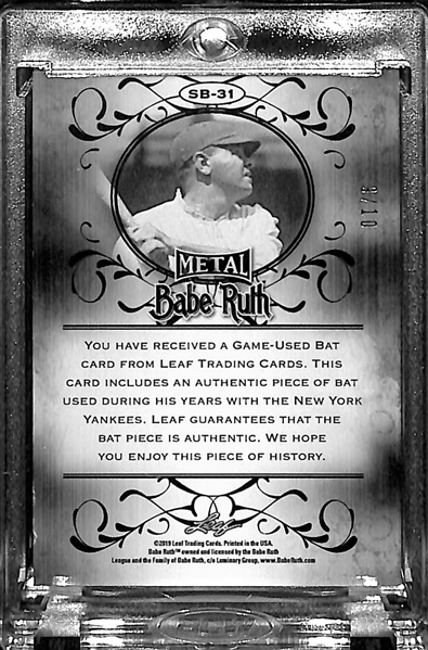 2019 Leaf Metal Babe Ruth Game-Used NY Yankees Bat Card #9/10 (Piece of Real Babe Ruth Used Baseball Bat) - Only 10 Made!