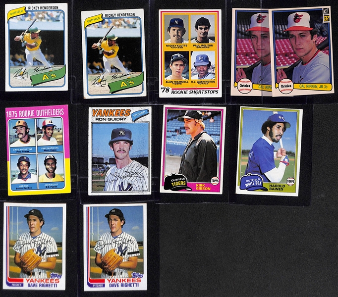 Lot of (11) Baseball Rookies - (2) Henderson, Molitor/Trammell, (2) Ripken, Rice, Guidry, K. Gibson, Baines, (2) Righetti