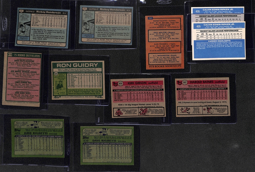 Lot of (11) Baseball Rookies - (2) Henderson, Molitor/Trammell, (2) Ripken, Rice, Guidry, K. Gibson, Baines, (2) Righetti