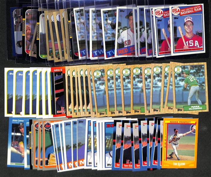 Lot of (79) Baseball Rookies from 1985-1988 - (14) Mark McGwire, (4) Roger Clemens, (7) Puckett, (7) Bo Jackson, (3) Bonds, Maddux, (11) Canseco, (9) Gooden, (13) Glavine, and (10) Smoltz