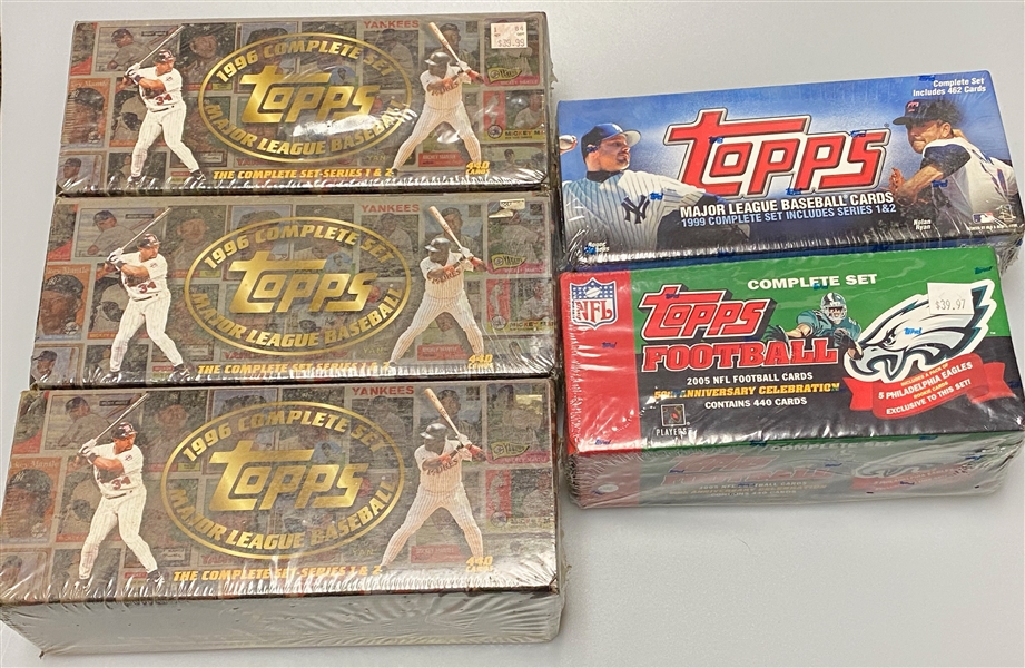 Lot of (5) Topps Factory Sets - 2005 Football (Aaron Rodgers RC), (3) 1996 Baseball, 1999 Baseball