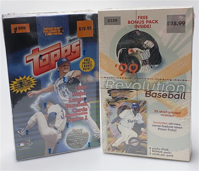 Lot of (7) Sealed 1998-1999 Baseball Card Retail Boxes w. 1999 Gold Label, 1999 Topps Ser. 1, 1999 Revolution, (2) 1998 Pinnacle, 1999 Team Best, 1998 UD McGwire Chase for 62