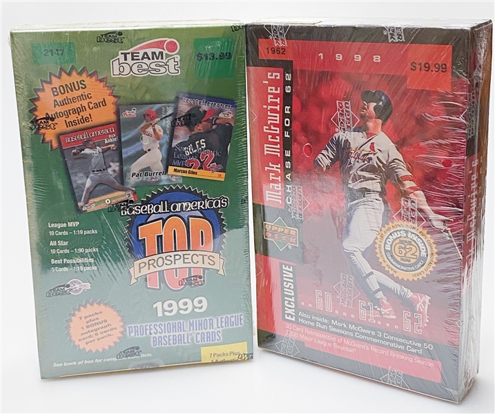 Lot of (7) Sealed 1998-1999 Baseball Card Retail Boxes w. 1999 Gold Label, 1999 Topps Ser. 1, 1999 Revolution, (2) 1998 Pinnacle, 1999 Team Best, 1998 UD McGwire Chase for 62