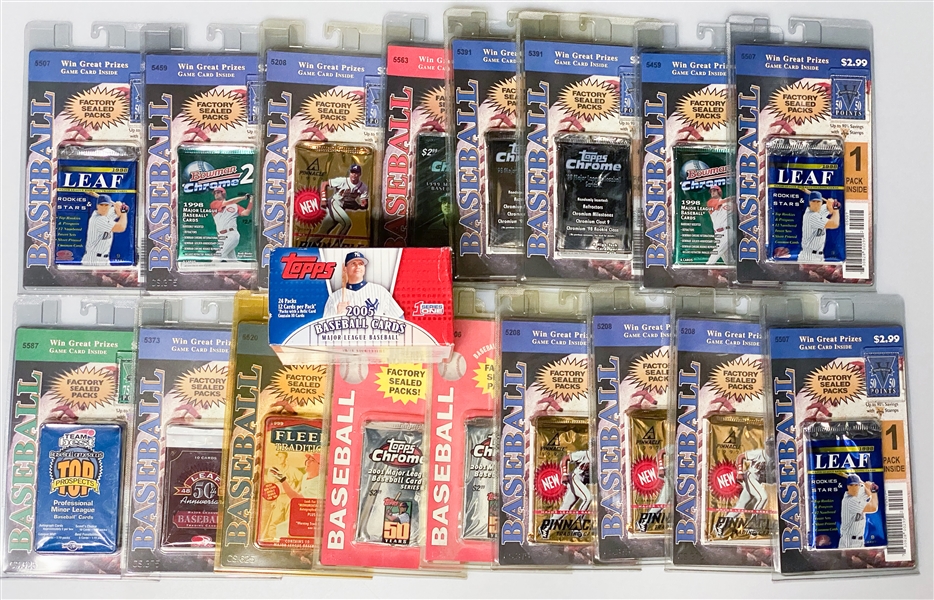 (25) Unopened Baseball Packs w. (11) 2005 Topps, (2) 1999 T. Chrome Ser. 2, (2) 1998 T. Chrome Ser. 2, (2) 1998 B. Chrome Ser. 2, (3) 1998 Leaf R&S, +