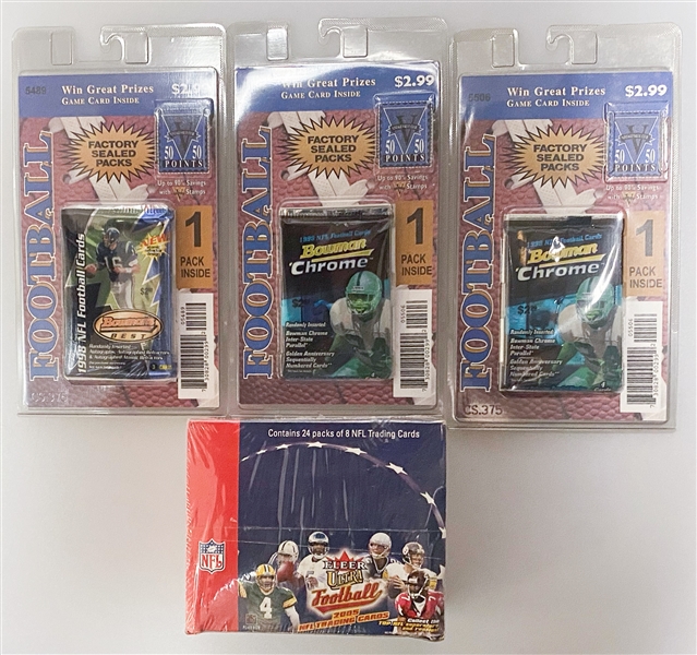 Unopened/Sealed Football Box and Packs w. Sealed 2005 Fleer Ultra 24-Pack Retail Box (A. Rodgers Rookie Year), (2) 1998 Bowman Chrome Packs (P. Manning Rookie Year), and (1) 1998 Bowman's Best Pack...