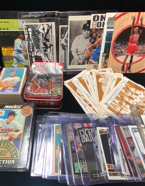 Lot w. Autographs (inc. Marvn Harrison), Cards (Bo Jackson Rookie, Billy Ripken F-face card, Nolan Ryan Set), Ruth & DiMaggio Photo Cards s. 1970s/80s, Michael Jordan Cards, Numbered Baseball...