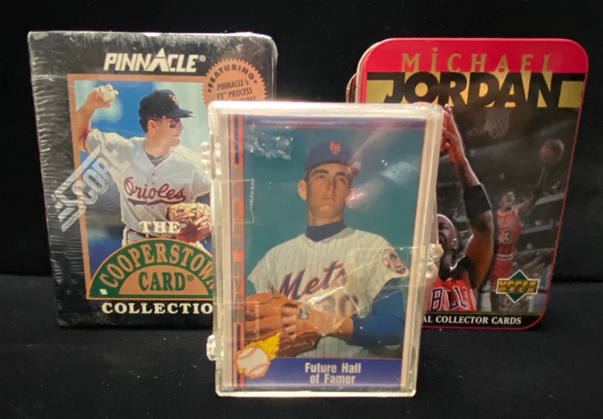 Lot w. Autographs (inc. Marvn Harrison), Cards (Bo Jackson Rookie, Billy Ripken F-face card, Nolan Ryan Set), Ruth & DiMaggio Photo Cards s. 1970s/80s, Michael Jordan Cards, Numbered Baseball...