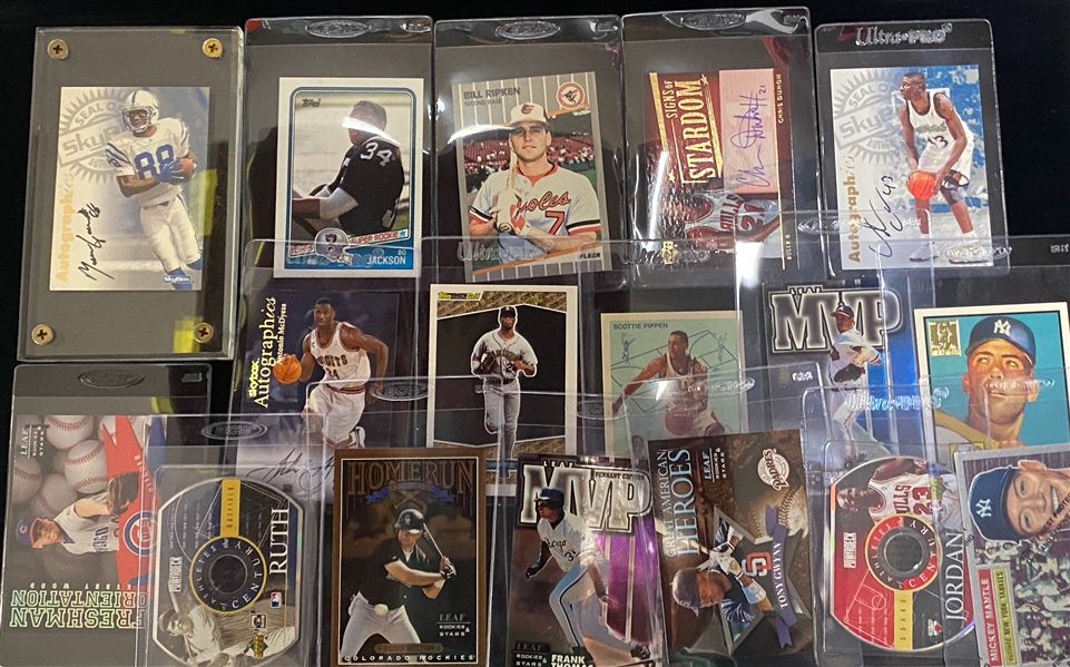 Lot w. Autographs (inc. Marvn Harrison), Cards (Bo Jackson Rookie, Billy Ripken F-face card, Nolan Ryan Set), Ruth & DiMaggio Photo Cards s. 1970s/80s, Michael Jordan Cards, Numbered Baseball...