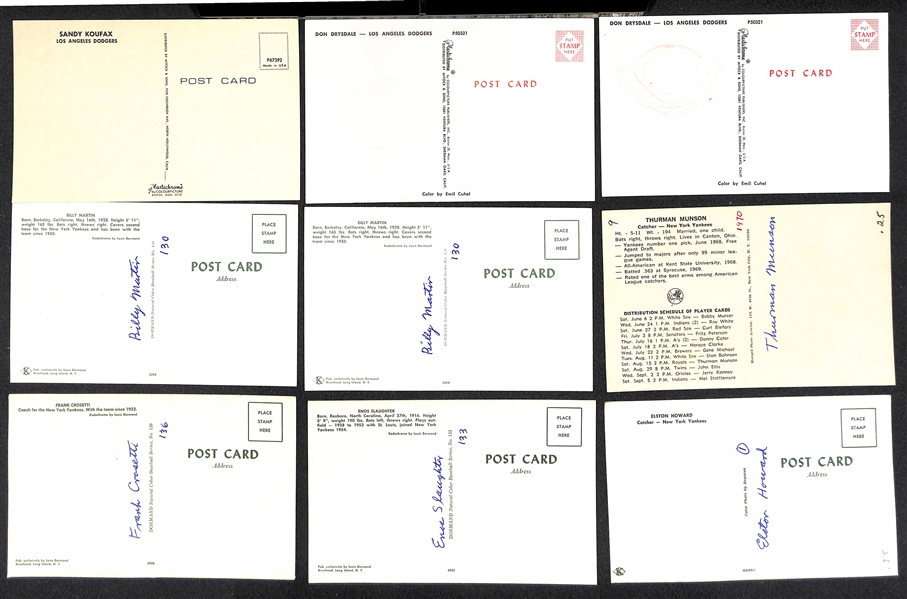 Lot of (112) Yankees & Dodgers Player Picture Postcards 1960s-1980s (63 Yankees, 49 Dodgers) w. Koufax, Drysdale, B. Martin. Munson