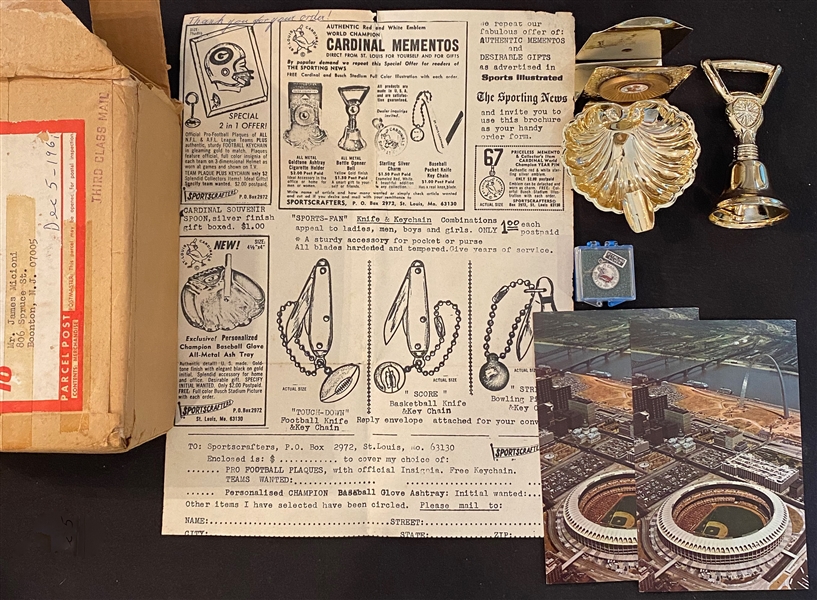 Rare 1967 World Series Champion St. Louis Cardinals Pendant (Sterling Silver), Bell, and Desk Display w. Box from Sportscrafters Post Marked 1967