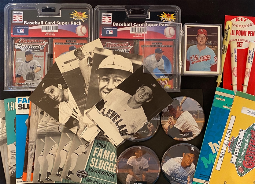 Lot of Baseball Collectibles From Uncle Jimmy Collection w. 1975 SPCC 42 Card Set, Unopened Packs, 9 Famous Slugger Mini Yearbooks, 1974 WS Bat Pens, Yankees Pins, +