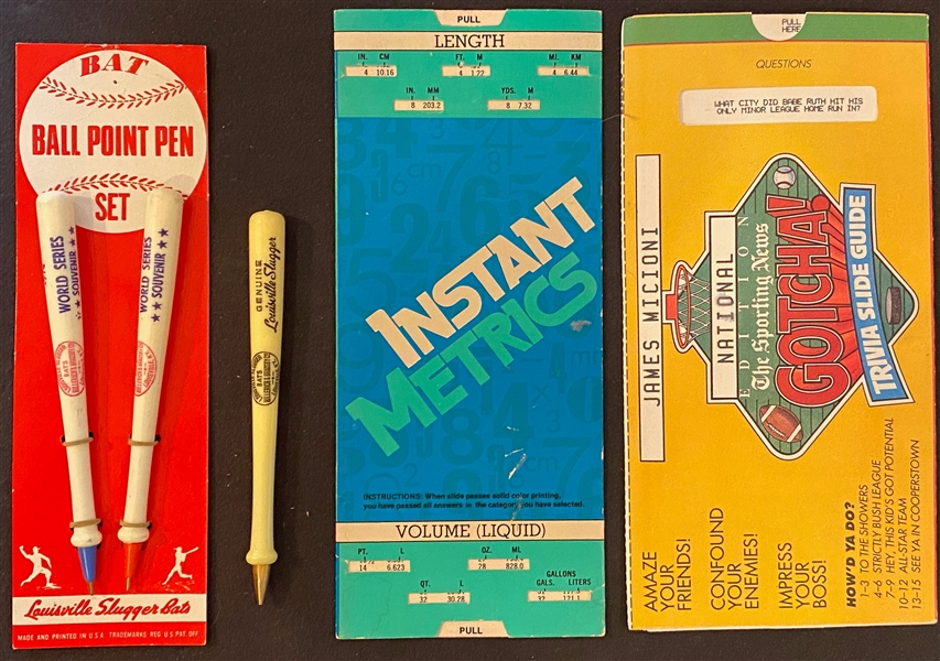 Lot of Baseball Collectibles From Uncle Jimmy Collection w. 1975 SPCC 42 Card Set, Unopened Packs, 9 Famous Slugger Mini Yearbooks, 1974 WS Bat Pens, Yankees Pins, +